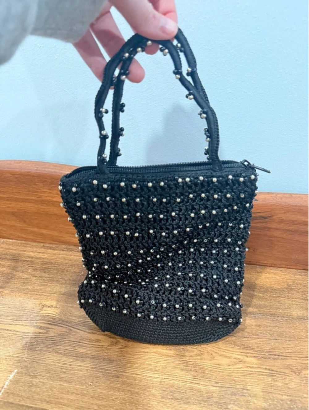Vintage Black Beaded Crochet Mini Handbag Purse